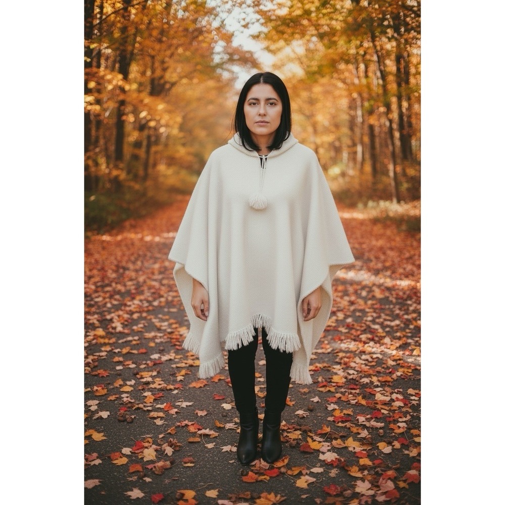 100% Wool Vtg Ecuador Hooded Poncho Open Cape Shawl Bohemian Coastal Style
